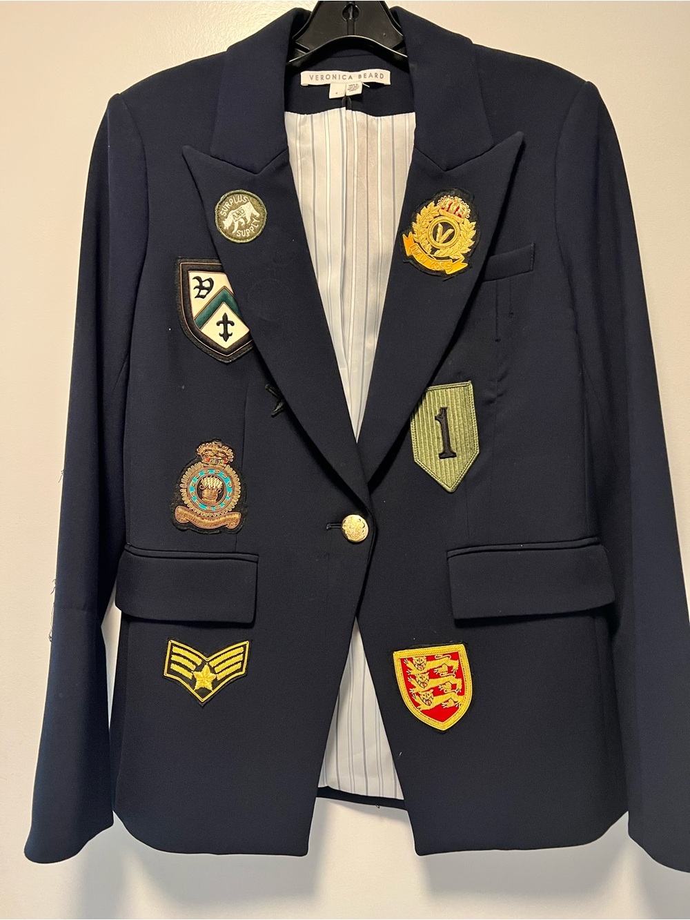 Veronica Beard Navy Crest Embroidered Patch Single-Breasted Blazer